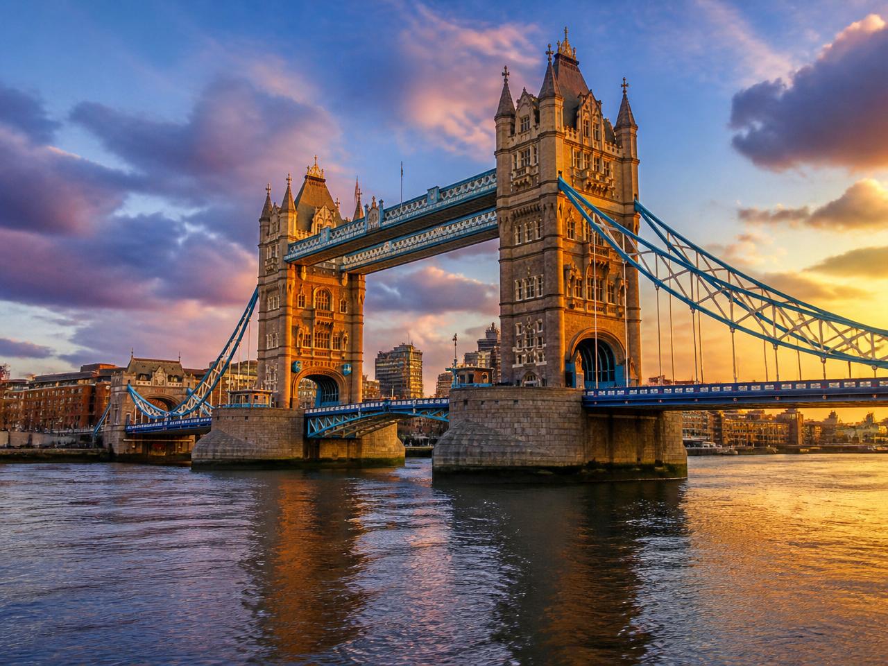 Tower Bridge over the River Thames in London at golden hour with no people in view