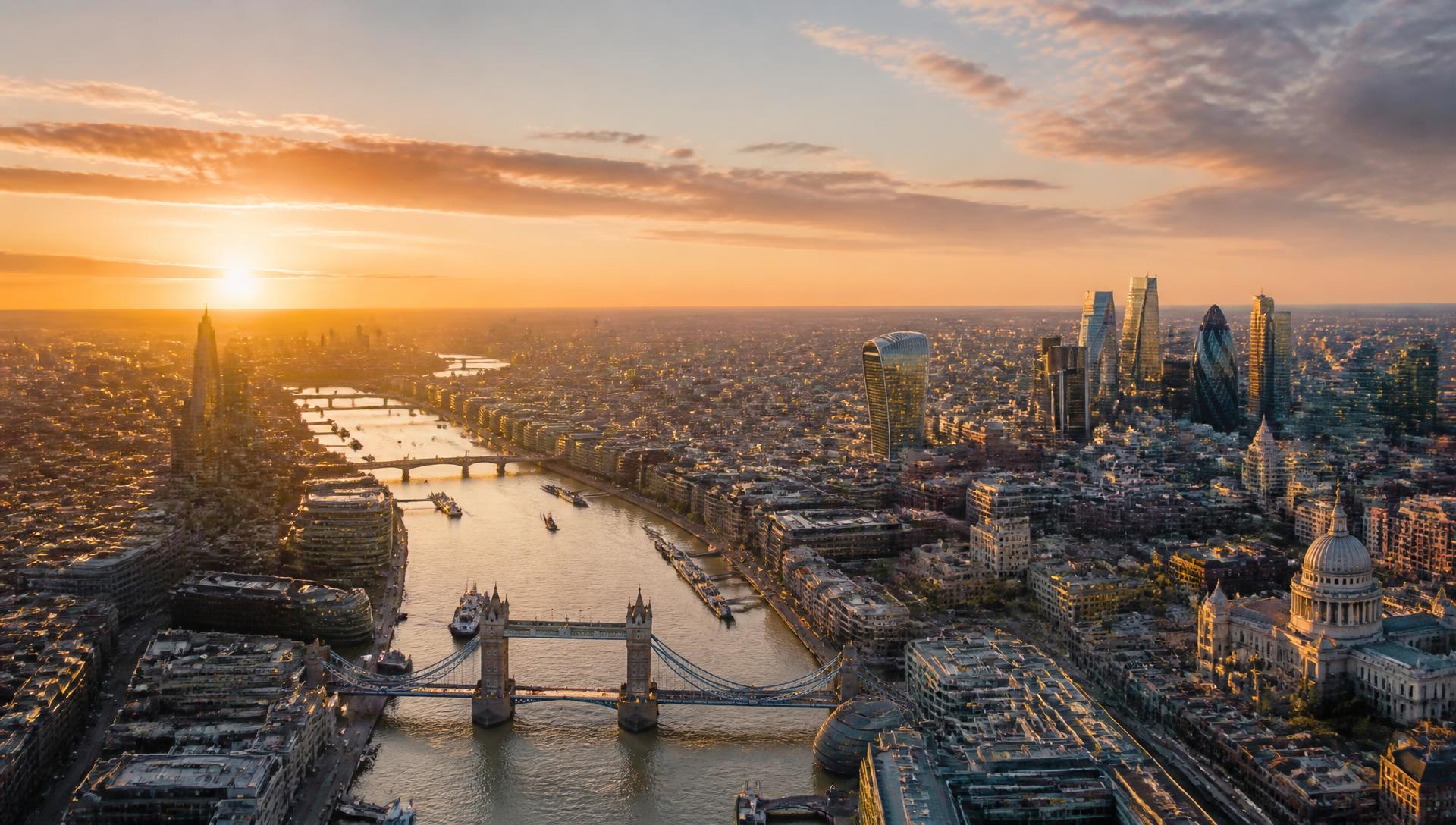 Aerial view over London at sunset with the River Thames, Tower Bridge, St Paul's Cathedral and the City skyline